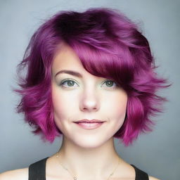 A young woman over 18 years old, with a short layered haircut. Her hair is a vibrant magenta purple and she has stunning light green eyes.