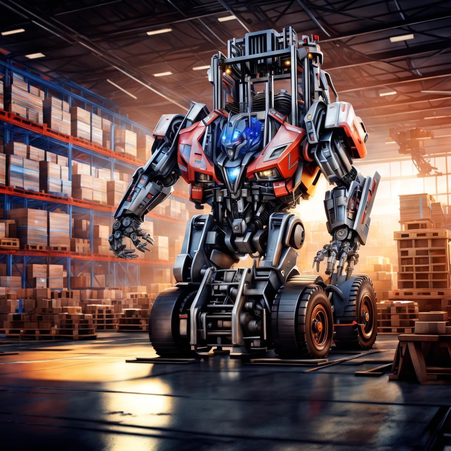 A 4K digital art image showing a forklift transforming into a Transformer