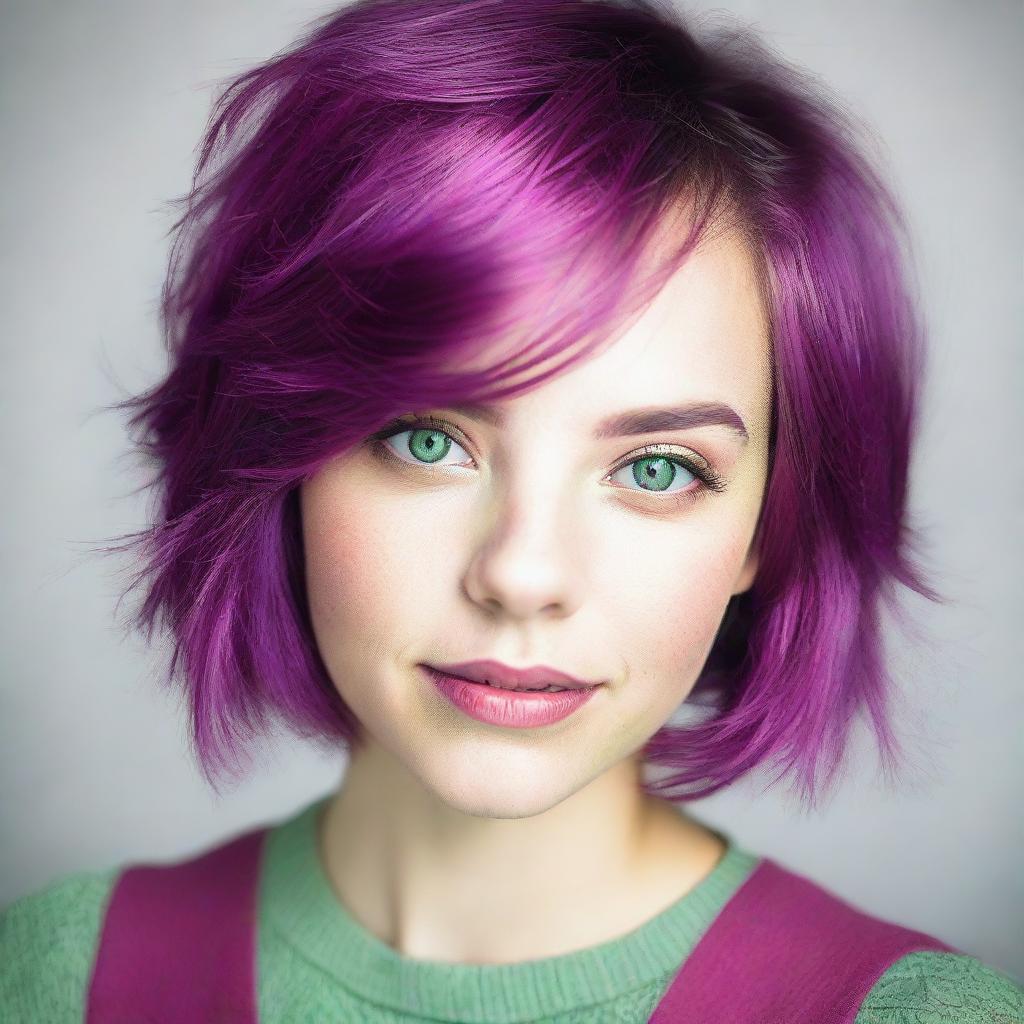 A young woman over 18 years old, with a short layered haircut. Her hair is a vibrant magenta purple and she has stunning light green eyes.