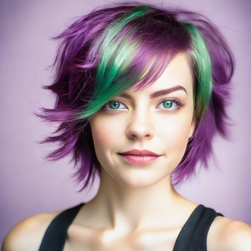 A young woman over 18 years old, with a short layered haircut. Her hair is a vibrant magenta purple and she has stunning light green eyes.