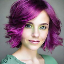 A young woman over 18 years old, with a short layered haircut. Her hair is a vibrant magenta purple and she has stunning light green eyes.