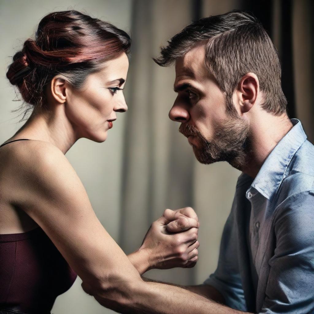 Create a tense image illustrating a dramatic scene where a woman is deceitfully betraying her partner with another man.