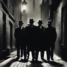 A meeting of distinguished mafia bosses from the 1920s in a clandestine alley, dressed in sharp suits and shadowy hats, whispering under dim streetlight.