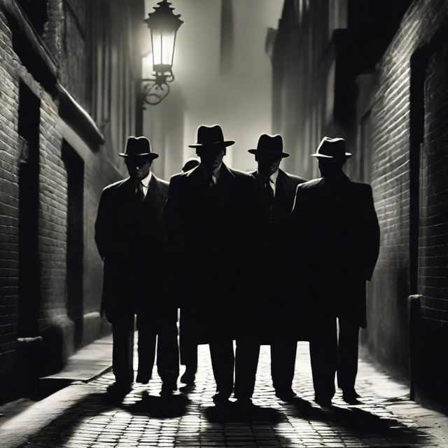 A meeting of distinguished mafia bosses from the 1920s in a clandestine alley, dressed in sharp suits and shadowy hats, whispering under dim streetlight.