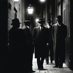 A meeting of distinguished mafia bosses from the 1920s in a clandestine alley, dressed in sharp suits and shadowy hats, whispering under dim streetlight.