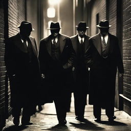 A meeting of distinguished mafia bosses from the 1920s in a clandestine alley, dressed in sharp suits and shadowy hats, whispering under dim streetlight.