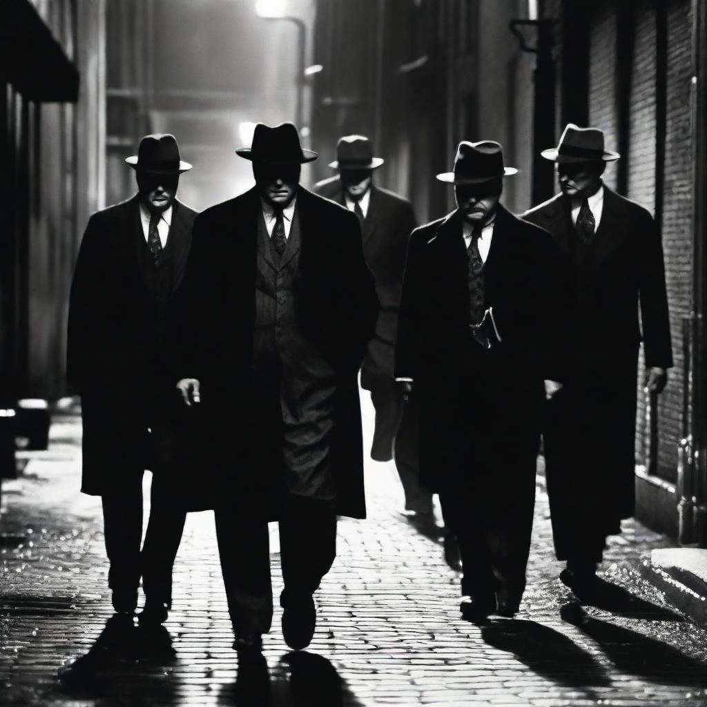 A meeting of distinguished mafia bosses from the 1920s in a clandestine alley, dressed in sharp suits and shadowy hats, whispering under dim streetlight.