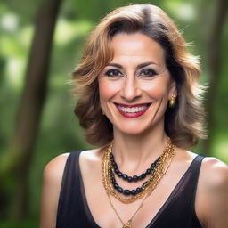 A confident woman in her forties with black eyes smiling, attired in a transparent black dress adorned with golden accessories interconnected, set against a wooded backdrop.