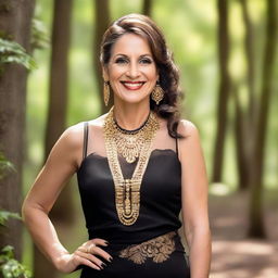 A confident woman in her forties with black eyes smiling, attired in a transparent black dress adorned with golden accessories interconnected, set against a wooded backdrop.