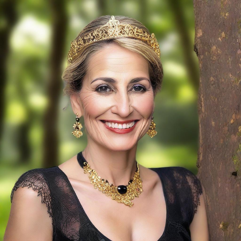 A confident woman in her forties with black eyes smiling, attired in a transparent black dress adorned with golden accessories interconnected, set against a wooded backdrop.