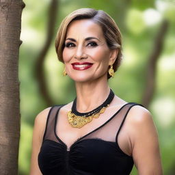 A confident woman in her forties with black eyes smiling, attired in a transparent black dress adorned with golden accessories interconnected, set against a wooded backdrop.