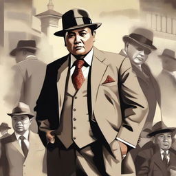 An image of an artist's impression of Prabowo in a 1920s styled mafia outfit, positing authoritatively in a background suggestive of mafia settings.