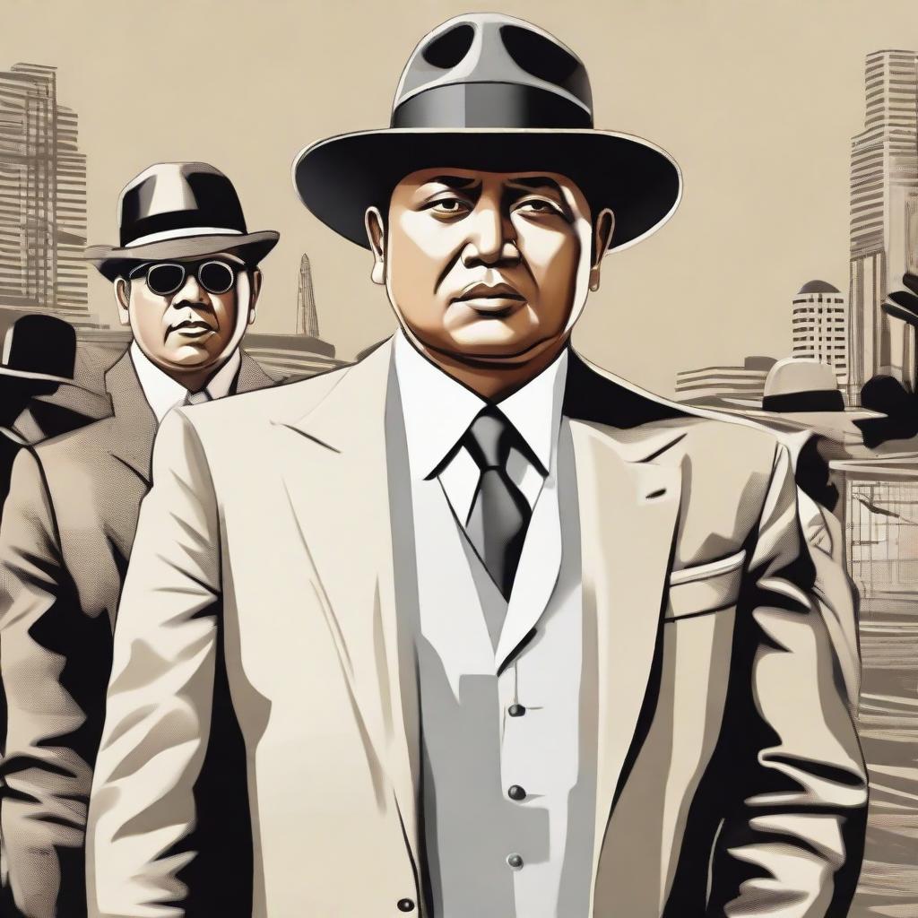 An image of an artist's impression of Prabowo in a 1920s styled mafia outfit, positing authoritatively in a background suggestive of mafia settings.