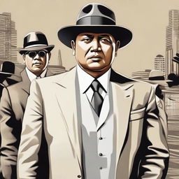 An image of an artist's impression of Prabowo in a 1920s styled mafia outfit, positing authoritatively in a background suggestive of mafia settings.