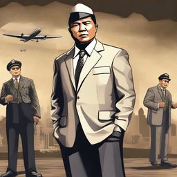 An image of an artist's impression of Prabowo in a 1920s styled mafia outfit, positing authoritatively in a background suggestive of mafia settings.