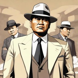 An image of an artist's impression of Prabowo in a 1920s styled mafia outfit, positing authoritatively in a background suggestive of mafia settings.