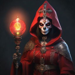 A woman dressed as a red-garbed priestess, holding a staff topped with a gear encasing a glowing incandescent bulb. She wears a hood and her attire and accessories are ornate with skull imagery, echoing a dark mystical theme.