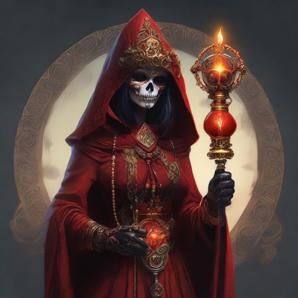 A woman dressed as a red-garbed priestess, holding a staff topped with a gear encasing a glowing incandescent bulb. She wears a hood and her attire and accessories are ornate with skull imagery, echoing a dark mystical theme.