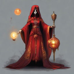 A woman dressed as a red-garbed priestess, holding a staff topped with a gear encasing a glowing incandescent bulb. She wears a hood and her attire and accessories are ornate with skull imagery, echoing a dark mystical theme.