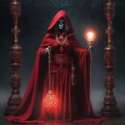 A woman dressed as a red-garbed priestess, holding a staff topped with a gear encasing a glowing incandescent bulb. She wears a hood and her attire and accessories are ornate with skull imagery, echoing a dark mystical theme.