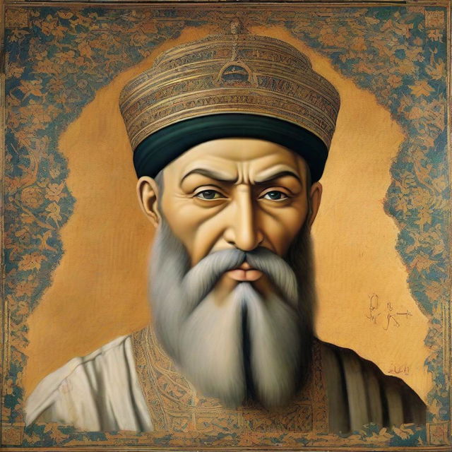 Detailed, honorary portrait of Muhammad the Conqueror, a bearded historical Muslim figure known for conquering Constantinople in 1453, situated in the historical Topkapi Palace.