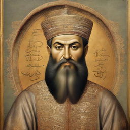 Detailed, honorary portrait of Muhammad the Conqueror, a bearded historical Muslim figure known for conquering Constantinople in 1453, situated in the historical Topkapi Palace.