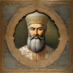 Detailed, honorary portrait of Muhammad the Conqueror, a bearded historical Muslim figure known for conquering Constantinople in 1453, situated in the historical Topkapi Palace.