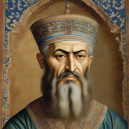 Detailed, honorary portrait of Muhammad the Conqueror, a bearded historical Muslim figure known for conquering Constantinople in 1453, situated in the historical Topkapi Palace.