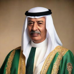 A dignified portrait of King Abdulaziz Al Saud, the first king of Saudi Arabia, adorned in royal attire, known for his wisdom and military leadership.