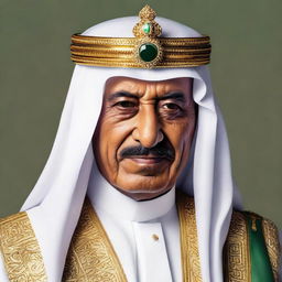 A dignified portrait of King Abdulaziz Al Saud, the first king of Saudi Arabia, adorned in royal attire, known for his wisdom and military leadership.