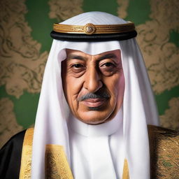 A dignified portrait of King Abdulaziz Al Saud, the first king of Saudi Arabia, adorned in royal attire, known for his wisdom and military leadership.