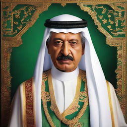 A dignified portrait of King Abdulaziz Al Saud, the first king of Saudi Arabia, adorned in royal attire, known for his wisdom and military leadership.