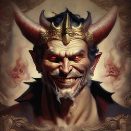 A detailed portrait of Lucifer, the so-called king of hell, wearing a mysterious smile on his face.