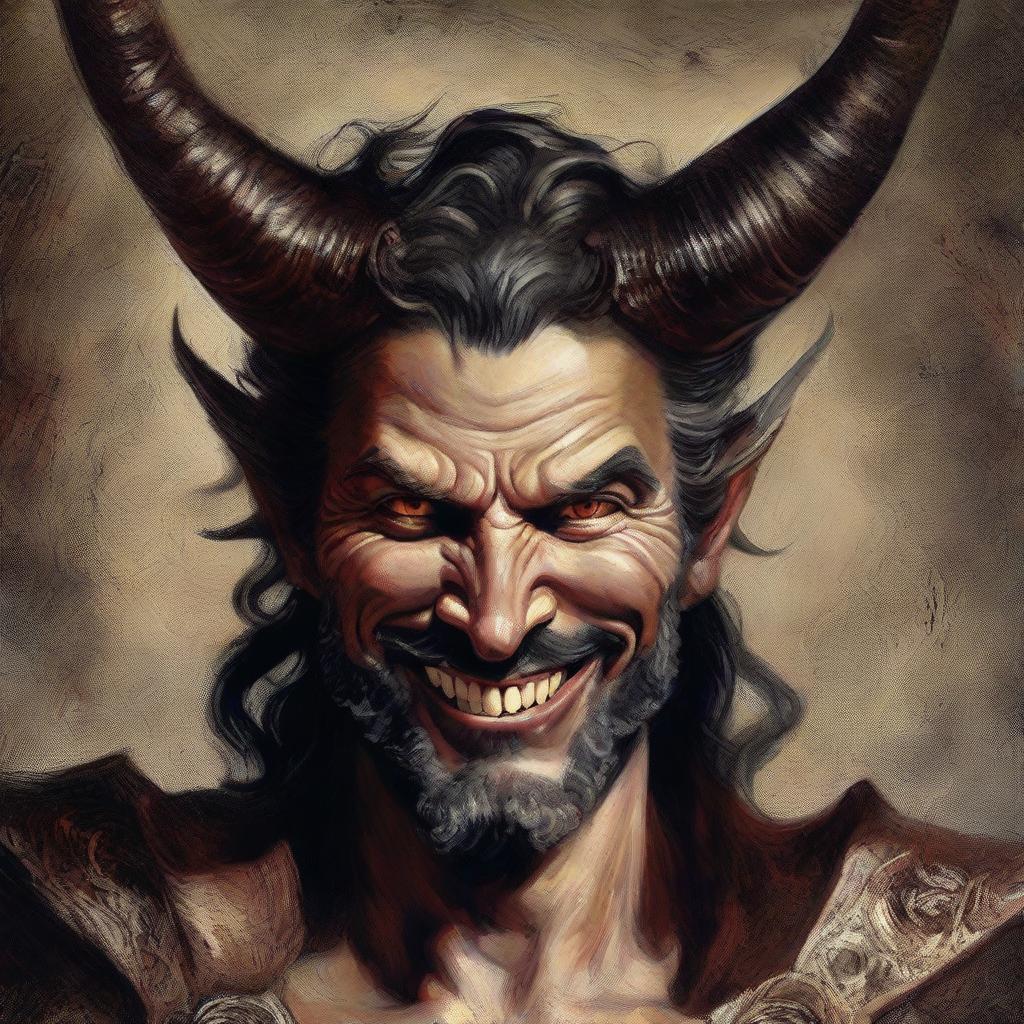 A detailed portrait of Lucifer, the so-called king of hell, wearing a mysterious smile on his face.