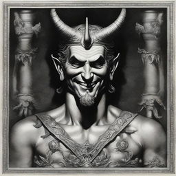 A detailed portrait of Lucifer, the so-called king of hell, wearing a mysterious smile on his face.