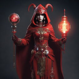 A woman dressed as a priestess in red, with a hood and gear-shaped ornaments. She is holding a staff, its headpiece is a gear framing a glowing bulb. She has additional mechanical limbs, fusing human and machine into one form.