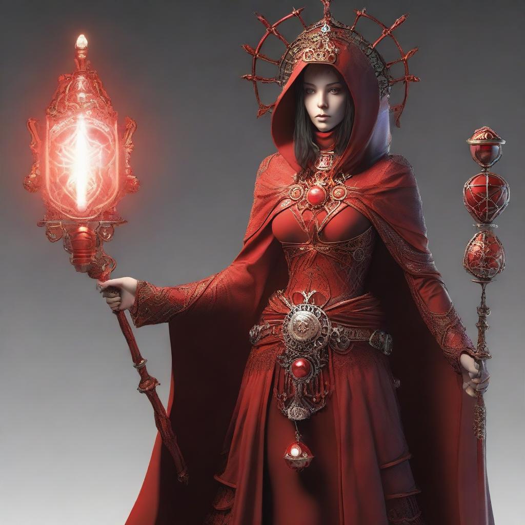 A woman dressed as a priestess in red, with a hood and gear-shaped ornaments. She is holding a staff, its headpiece is a gear framing a glowing bulb. She has additional mechanical limbs, fusing human and machine into one form.