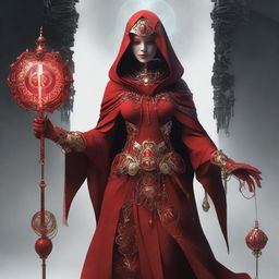 A woman dressed as a priestess in red, with a hood and gear-shaped ornaments. She is holding a staff, its headpiece is a gear framing a glowing bulb. She has additional mechanical limbs, fusing human and machine into one form.