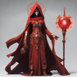 A woman dressed as a priestess in red, with a hood and gear-shaped ornaments. She is holding a staff, its headpiece is a gear framing a glowing bulb. She has additional mechanical limbs, fusing human and machine into one form.