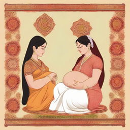 Generate an image displaying an array of cultural beliefs on pregnancy in Indian society, including traditional rituals, societal perceptions, and the rich tapestry of maternal experiences.