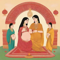 Generate an image displaying an array of cultural beliefs on pregnancy in Indian society, including traditional rituals, societal perceptions, and the rich tapestry of maternal experiences.