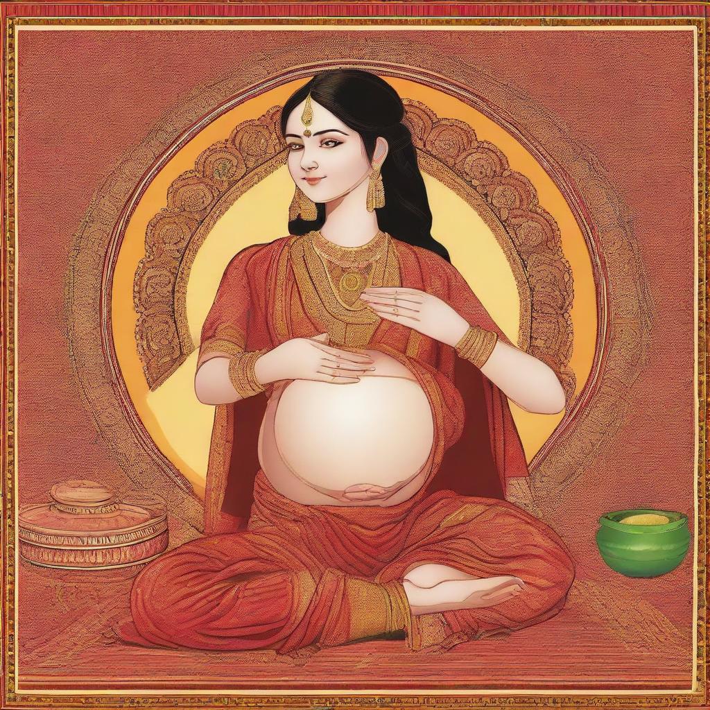 Generate an image displaying an array of cultural beliefs on pregnancy in Indian society, including traditional rituals, societal perceptions, and the rich tapestry of maternal experiences.