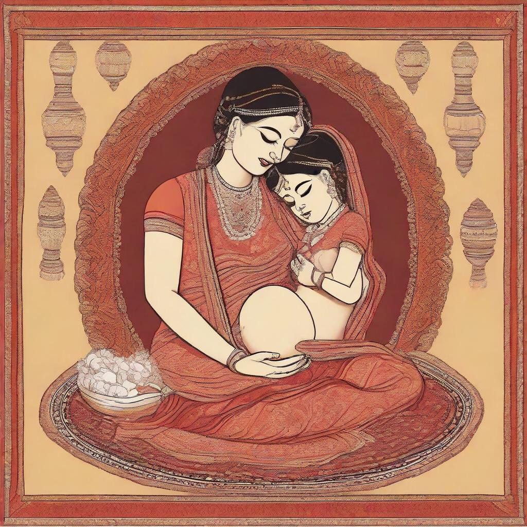 Generate an image displaying an array of cultural beliefs on pregnancy in Indian society, including traditional rituals, societal perceptions, and the rich tapestry of maternal experiences.