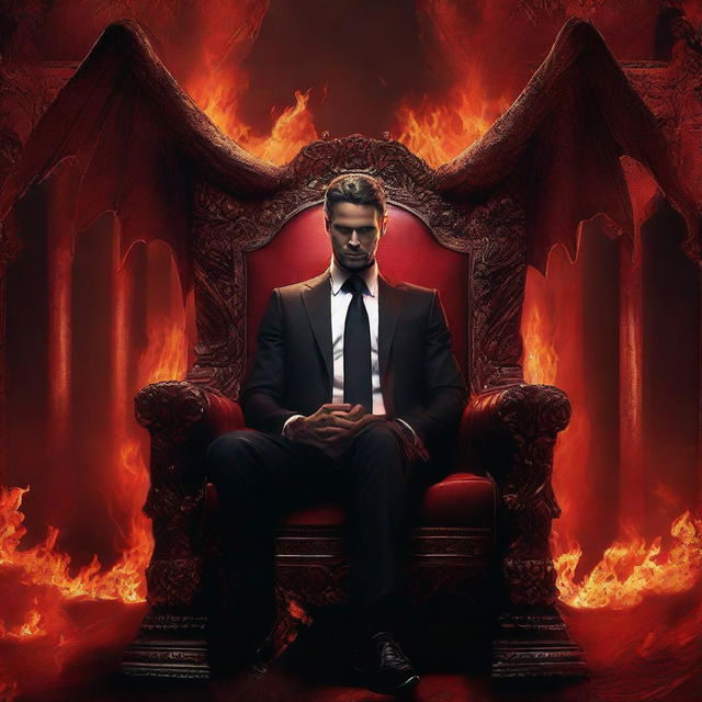 Lucifer, characterized by majestic beauty, dressed in a sleek, modern suit, seated regally on his ornate throne amidst the fiery ambiance of hell.