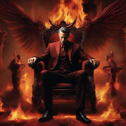 Lucifer, characterized by majestic beauty, dressed in a sleek, modern suit, seated regally on his ornate throne amidst the fiery ambiance of hell.