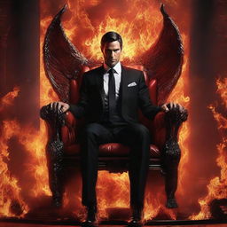 Lucifer, characterized by majestic beauty, dressed in a sleek, modern suit, seated regally on his ornate throne amidst the fiery ambiance of hell.