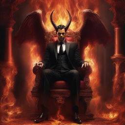 Lucifer, characterized by majestic beauty, dressed in a sleek, modern suit, seated regally on his ornate throne amidst the fiery ambiance of hell.