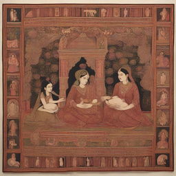 An intricate tapestry portraying various aspects of pregnancy in Indian societies; including traditional rituals, societal perceptions, and the essence of diverse cultural beliefs influencing maternal experiences.