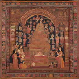 An intricate tapestry portraying various aspects of pregnancy in Indian societies; including traditional rituals, societal perceptions, and the essence of diverse cultural beliefs influencing maternal experiences.