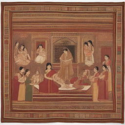 An intricate tapestry portraying various aspects of pregnancy in Indian societies; including traditional rituals, societal perceptions, and the essence of diverse cultural beliefs influencing maternal experiences.